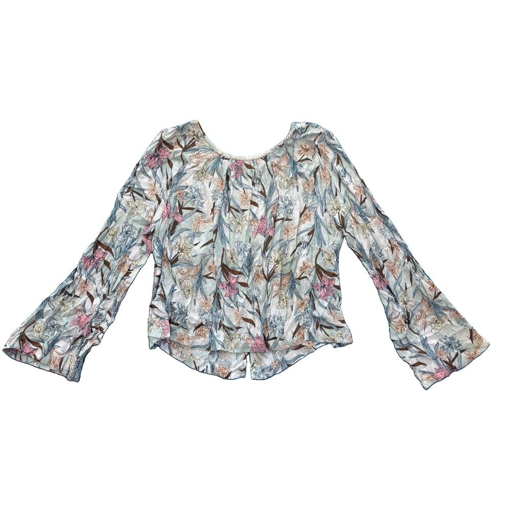 Melrose And Market Size Large Blue Flower Bohemian Bell Sleeve Blouse